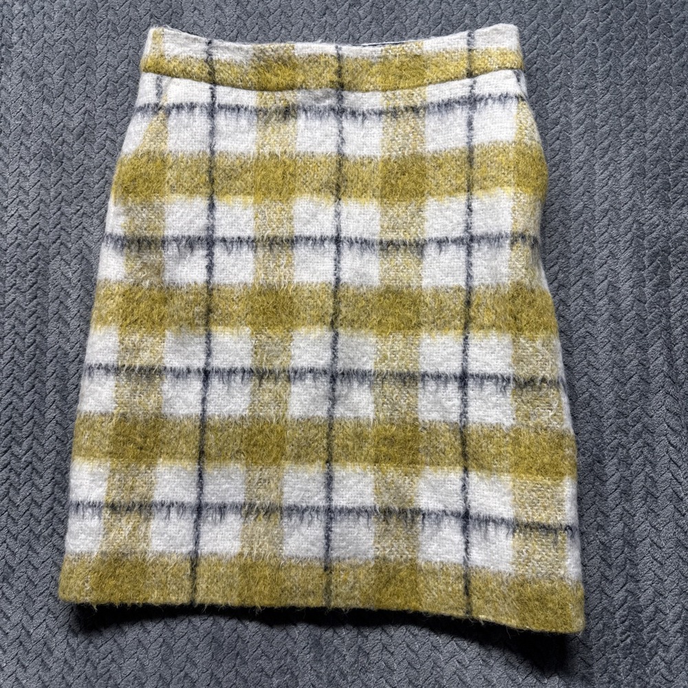 Boden Plaid Skirt Size 4 L Wool Mohair Alpaca Blend‎ Zip Yellow Cream Gray Lined